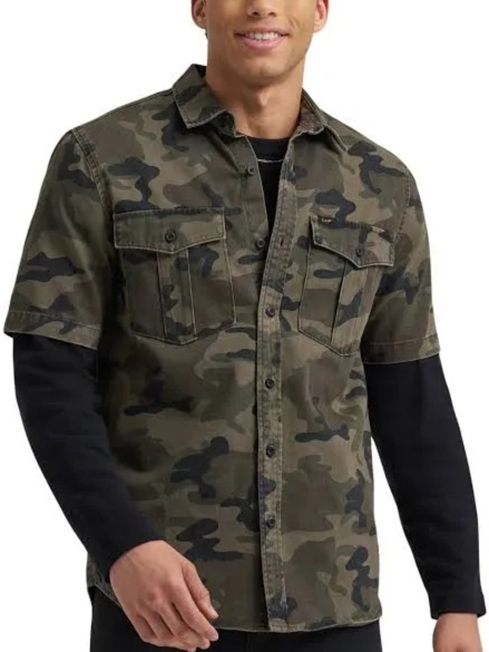Lee Men's Olive Green Camo Short-Sleeve Field Shirt Jacket - Picture 1 of 6
